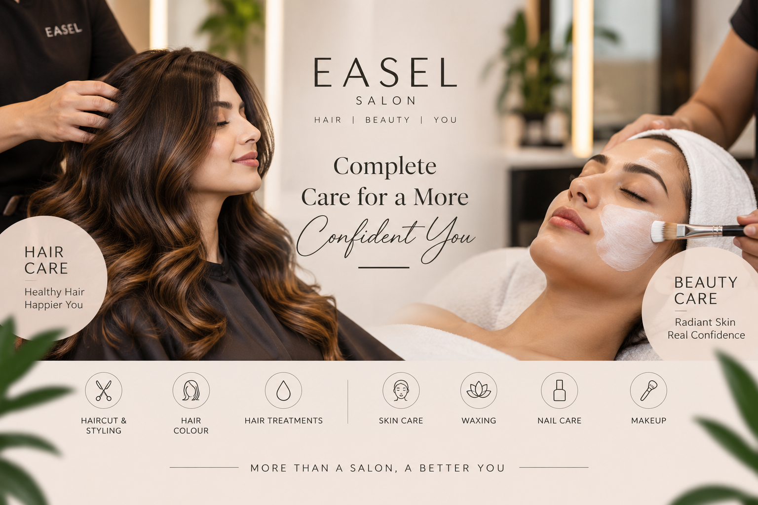Hair care and beauty care services at Easel Salon featuring professional hair styling and relaxing facial skincare treatment.